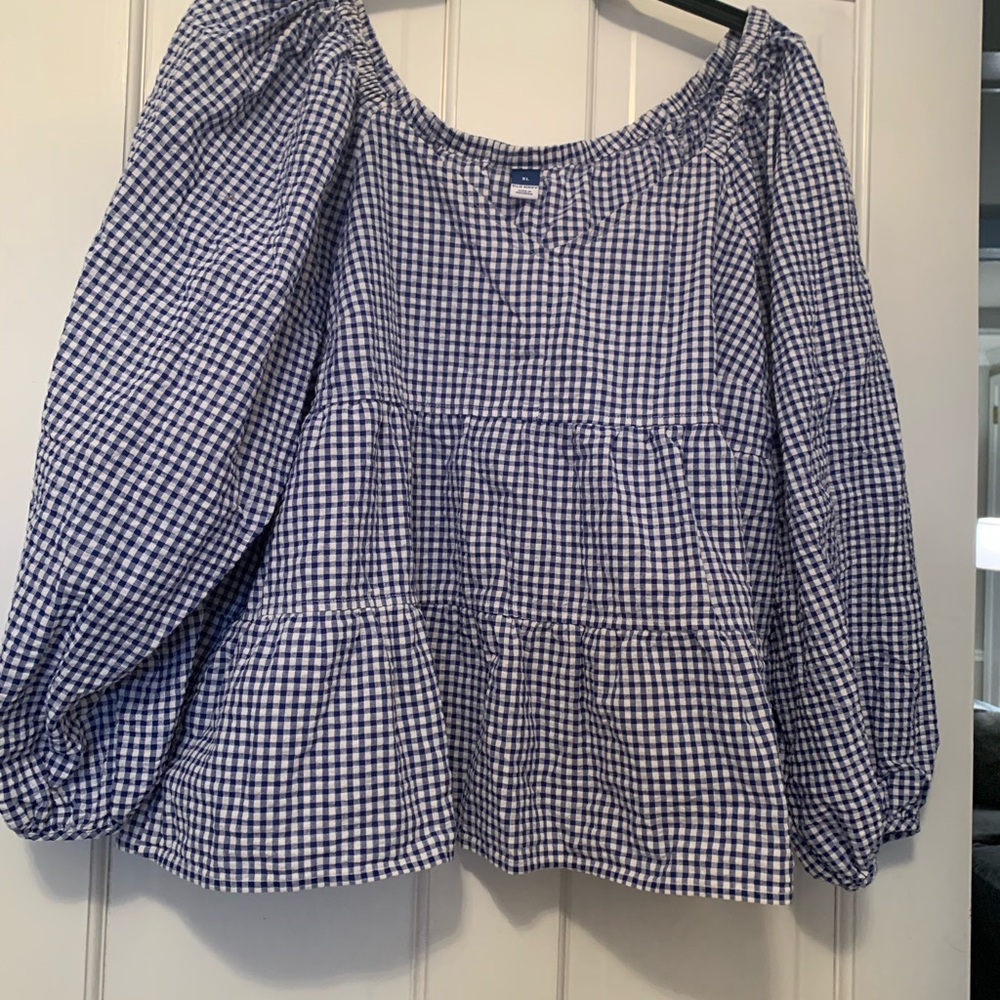 Gingham Check Tiered Peasant Blouse in Navy and White - Picture 2 of 6